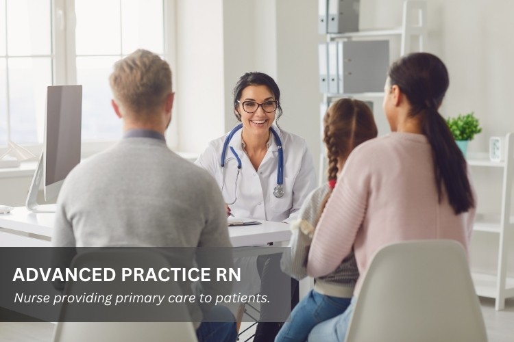 Advanced Practice Registered Nurse providing primary care as part of her APRN job duties.