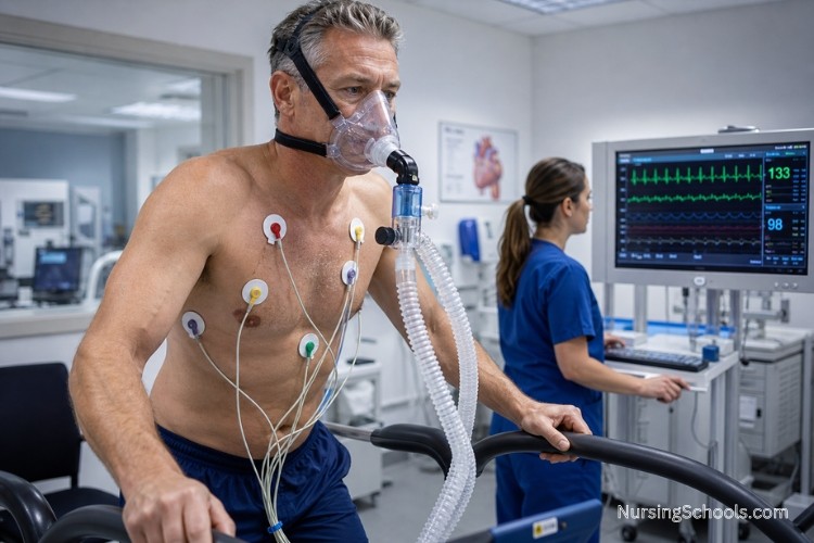 Cardiac Care Nurse assisting with a cardiac stress test.