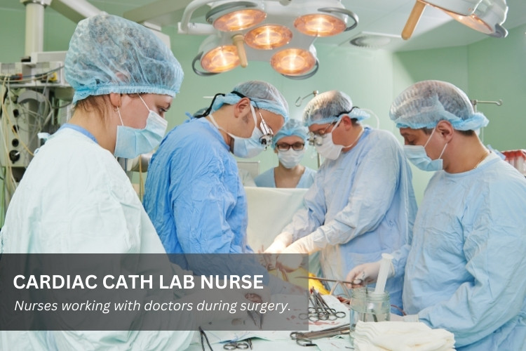 Cardiac Catheter Lab Nurse assisting doctors during a catheterization procedure.