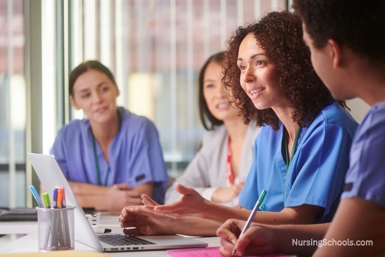 Charge Nurse meeting with department leaders to discuss quality improvement, staffing, and leadership skills that support unit operations.