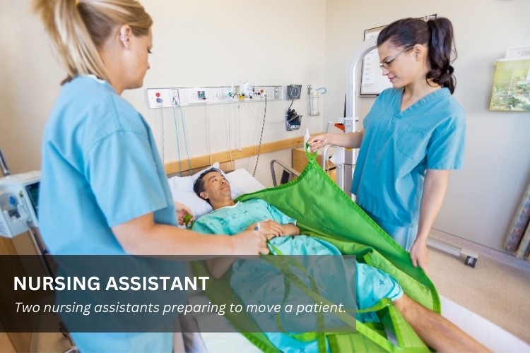 Nursing Assistant moves a patient in a hospital bed as part of her NA job duties.