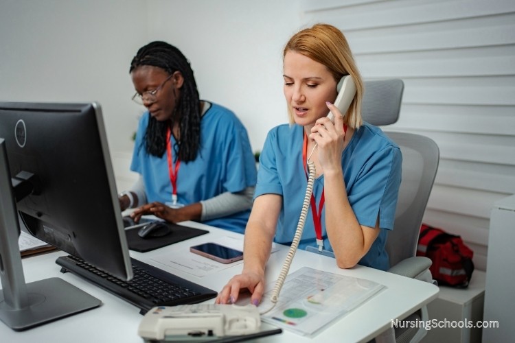 Correctional Nurse documenting care and coordinating by phone as part of her job duties, using communication and organization skills.