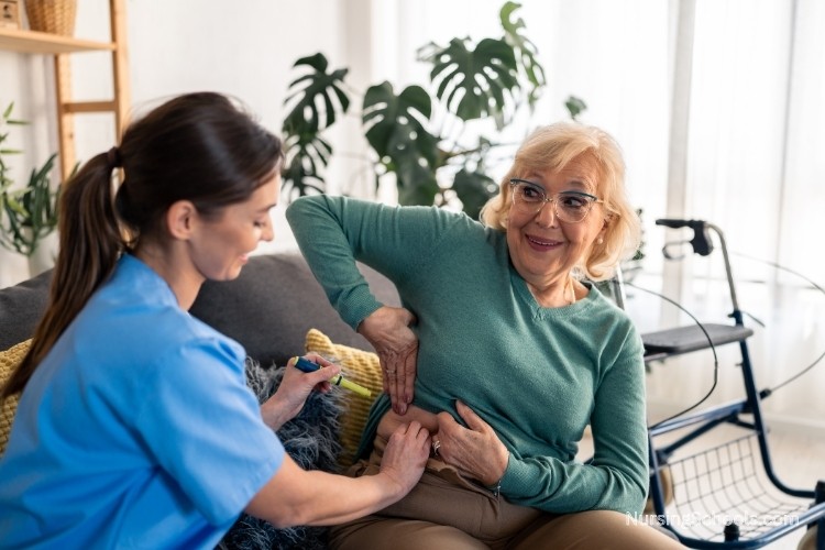 Diabetes Nurse administering an insulin injection to a patient in a home healthcare setting as part of her job duties.