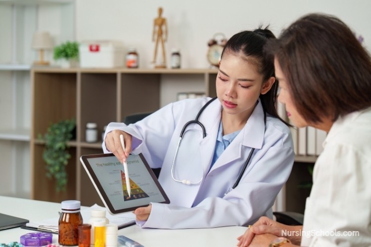 Diabetes Nurse explaining a nutrition chart and oral medication plan to a patient during a self-management consultation.
