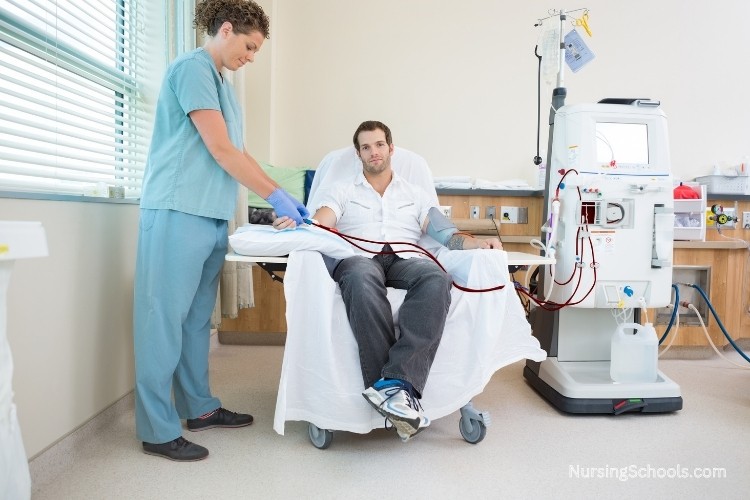 Dialysis Nurse preparing a patient and equipment for hemodialysis.