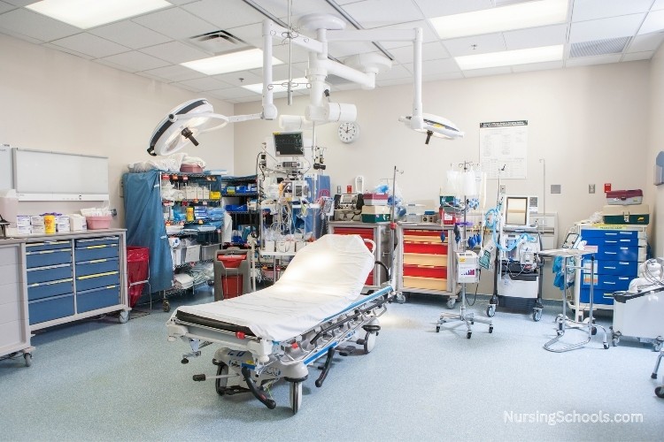 Hospital emergency room equipped with trauma and monitoring equipment.