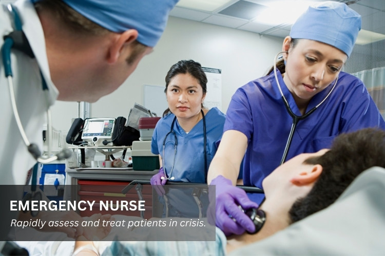 Emergency Nurse (CEN) performing her job duties with a patient in a hospital work environment..