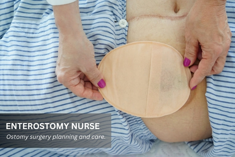 Enterostomy Nurse examines a patient ostomy bag.