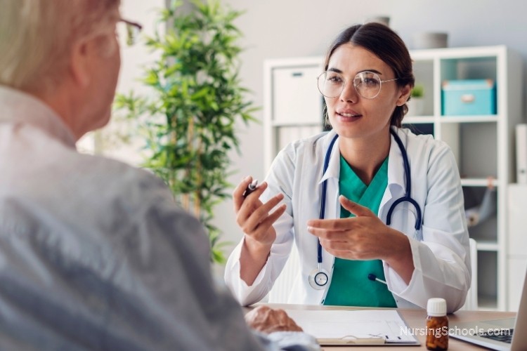 Family Nurse Practitioner prescribing medication to a patient in a private practice setting.