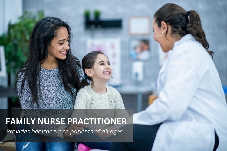 Family Nurse Practitioner (FNP) providing primary care to a mother and child in a private practice setting.