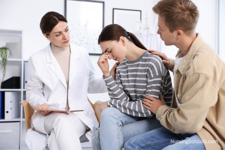 Fertility Nurse providing emotional support to an upset patient during an office visit, showing that communication and empathy skills are essential.