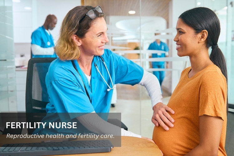 Fertility Nurse (IVF) performing her job duties with a patient in a hospital work environment..