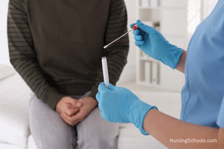 Forensic Nurse taking swab sample for STD testing.