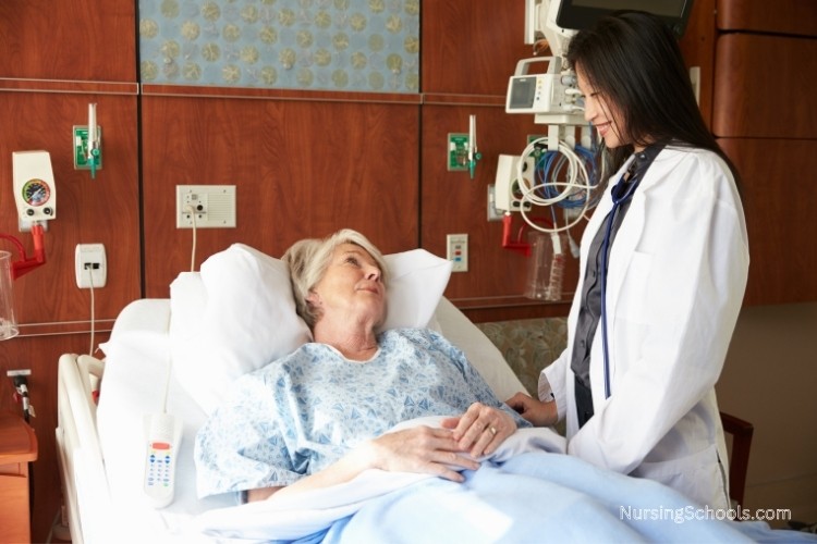 Gerontological Nurse Practitioner performing bedside evaluation of an elderly female patient.