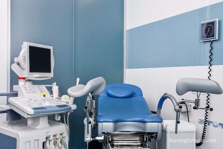 Patient examination room with equipment used by a Gynecology Nurse.
