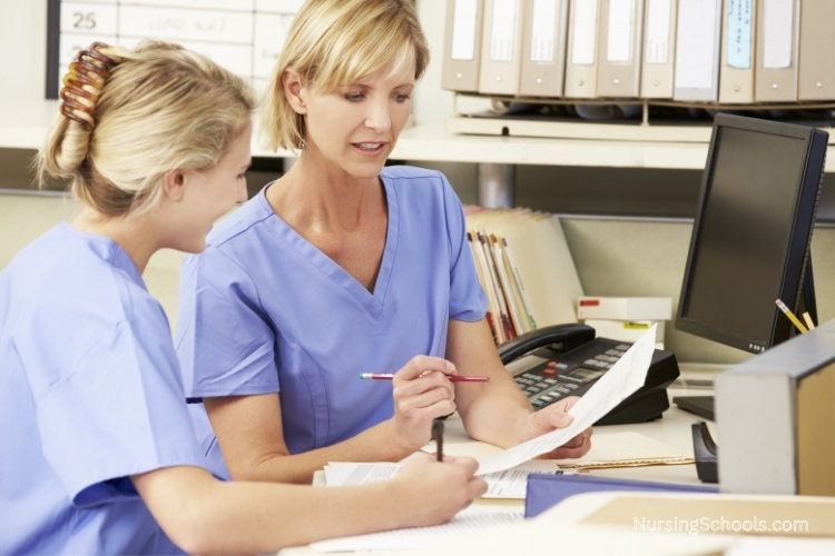 Health Policy Nurse reviews patient data with a staff nurse at her office desk.