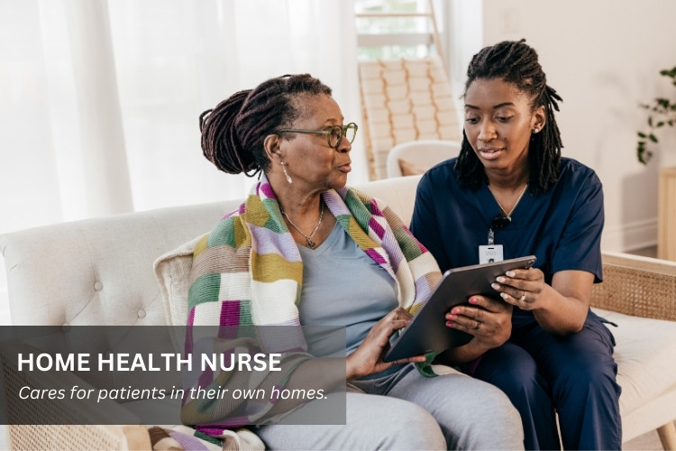 Home Health Nurse (HHN) performing her job duties with a patient in a hospital work environment..