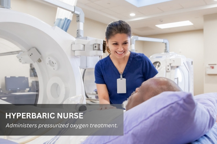 Hyperbaric Nurse (CHRN) performing her job duties with a patient in a hospital work environment..
