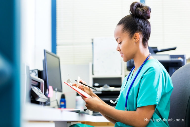 Infection Control Nurse reviewing patient records to prevent the spread of disease.