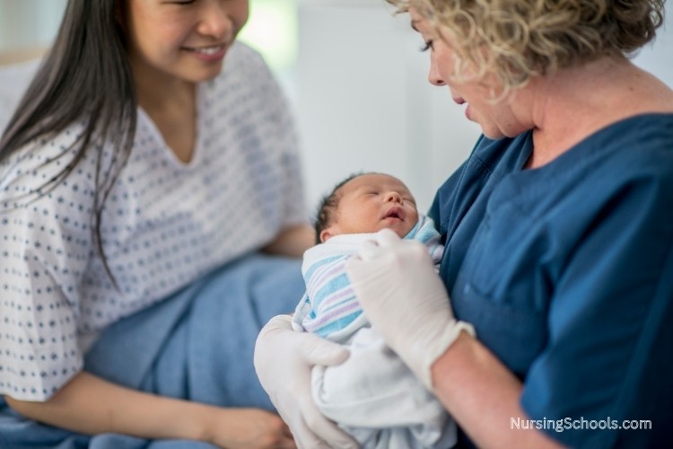 Labor And Delivery Nurse providing postpartum care to a mother and newborn.