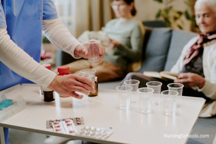 Long Term Care Nurse administering medications to patients, ensuring that each patient receives their prescribed medications correctly.