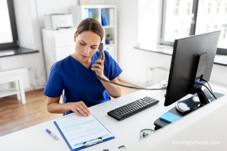 Managed Care Nurse at her desk, reviewing long-term care plans for patients with chronic illnesses, disabilities, or complex medical needs.