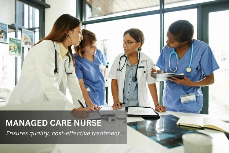 Managed Care Nurse (CMCN) performing her job duties with a patient in a hospital work environment..