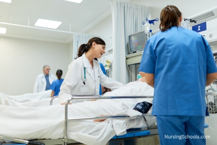Two doctors speaking with patients in a hospital recovery room while Medical-Surgical Nurses continue providing care and updating treatment plans.