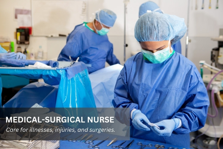 Medical-Surgical Nurse (CMSRN) performing her job duties with a patient in a hospital work environment..