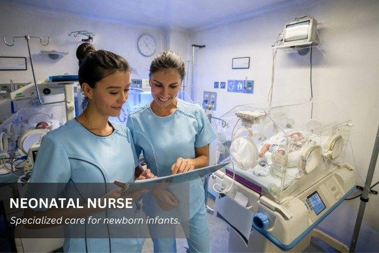 Neonatal Nurse (NICU) performing her job duties with a patient in a hospital work environment..