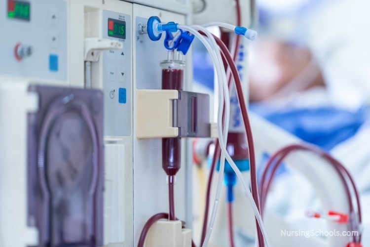 Nephrology Nurse operates a dialysis machine and troubleshoots the equipment.