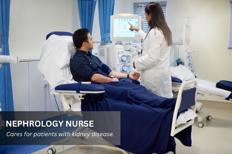 Nephrology Nurse cares for a patient at a dialysis center.