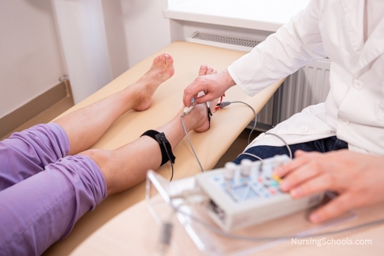 Neuroscience Nurse performs a neurological assessment on a patient at a clinic.