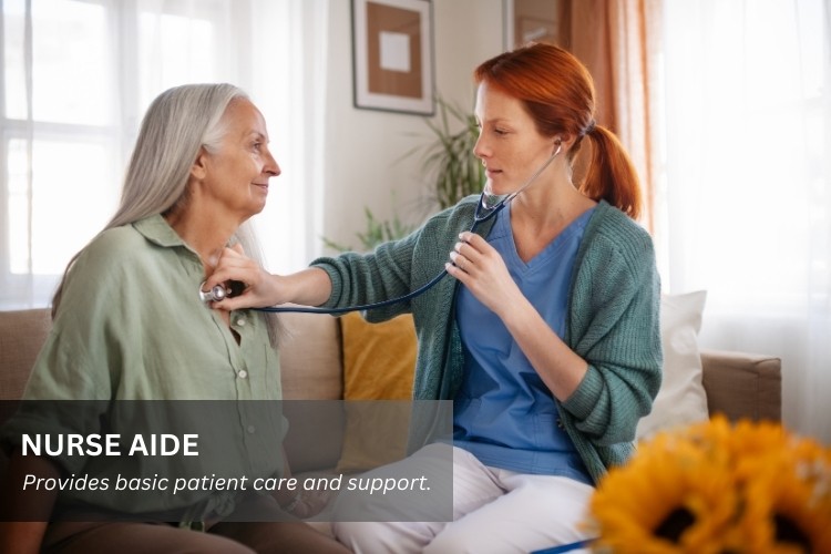 A Nurse Aide checks vital signs in a long-term care facility for residents.