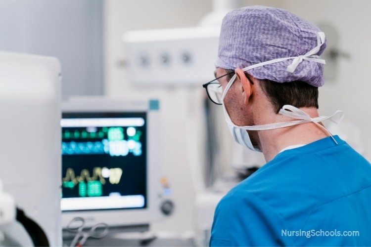 Nurse Anesthetist delivers anesthesia while monitoring patient vital signs.