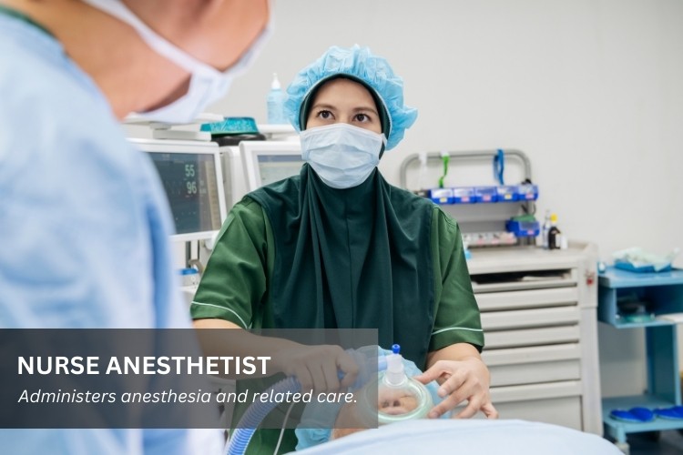 A Nurse Anesthetist (CRNA) administers anesthesia in an operating room during surgery.