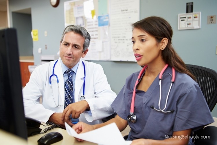 Nurse Care Coordinator collaborates with a physician to review a patient's care plan.