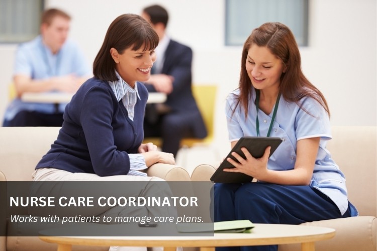 Nurse Care Coordinator reviews a treatment plan with a patient in a hospital setting.