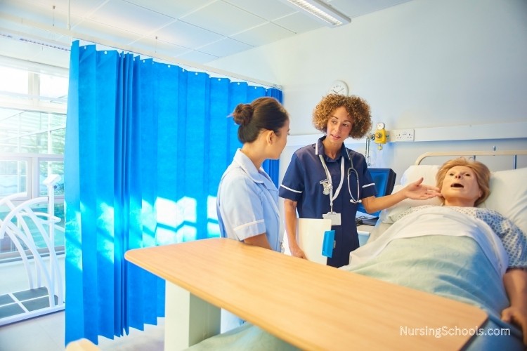 Nurse Educator evaluates a nursing student's progress in a hospital room setting.
