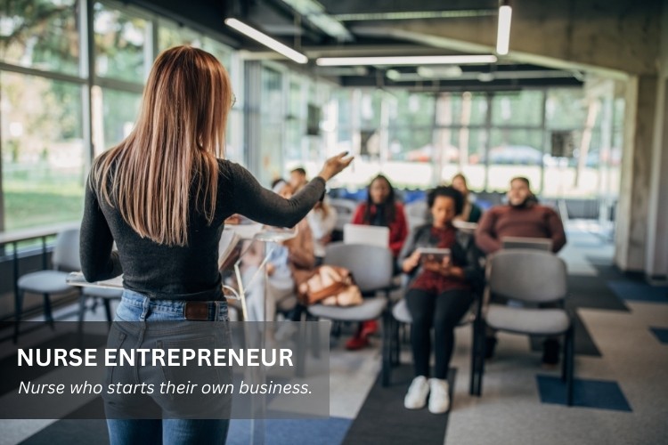 Nurse Entrepreneur leads a startup team meeting sharing her vision for a new healthcare venture.