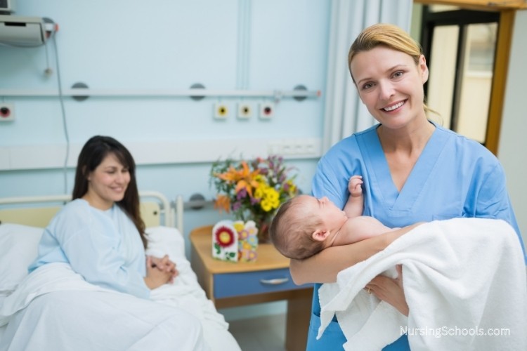 Obstetrics Nurse cares for mother and newborn in the hospital.