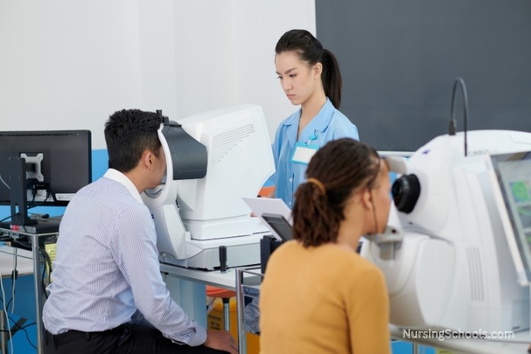 Ophthalmic Nurse performs an eye exam and vision test.