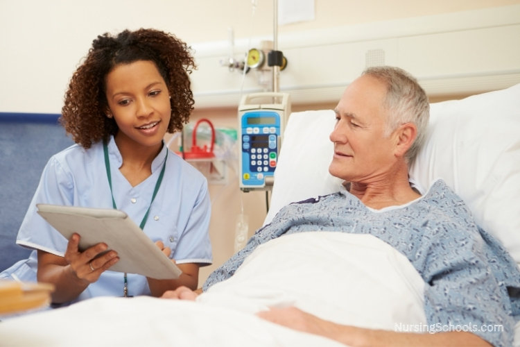 Palliative Care Nurse consults with a cancer patient in a hospital bed.
