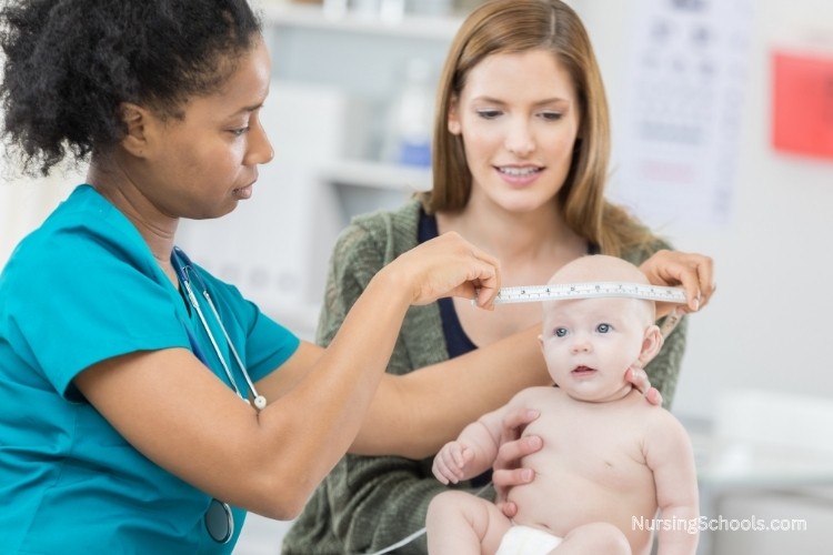 Pediatric Nurse performing physical assessments on a child to record growth patterns as part of her job duties.