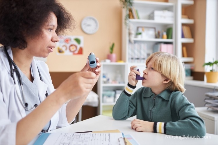 Pediatric Nurse Practitioner treats a young boy with asthma, a common pediatric condition.