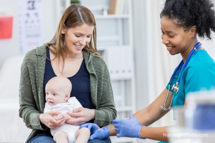 Pediatric Nurse injecting medication into a child's leg as part of her job duties.