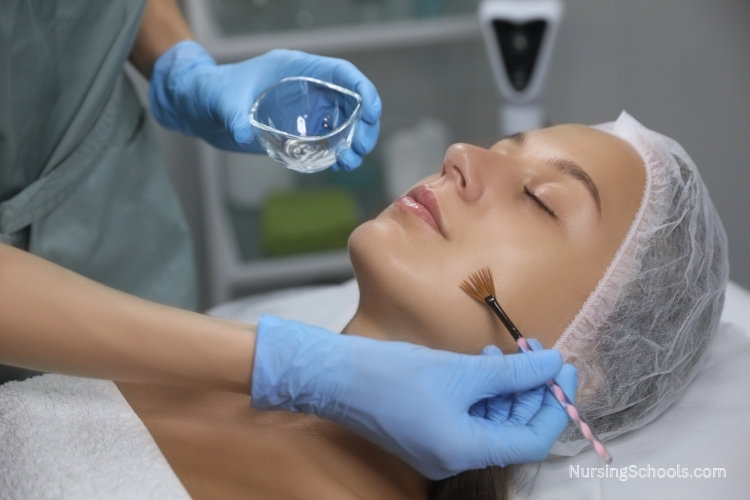Plastic Surgery Nurse administers a chemical peel to a patient's face.