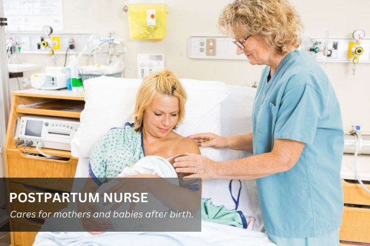 Postpartum Nurse cares for mothers and babies after birth.