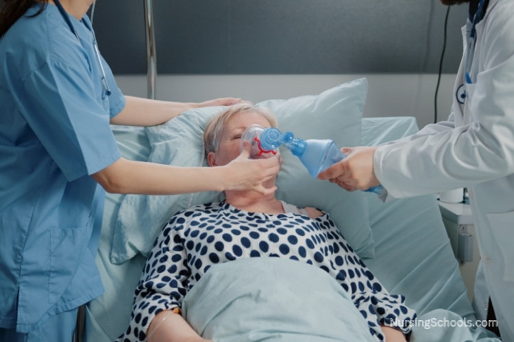 Pulmonary Care Nurse administers oxygen therapy to a female patient lying in a hospital bed.