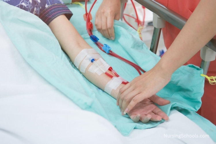 Renal Dialysis Nurse checks a patient's fistula or graft and central venous catheter.